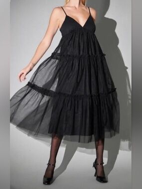English Factory Tulle Contrast Midi Dress, NWT in Black